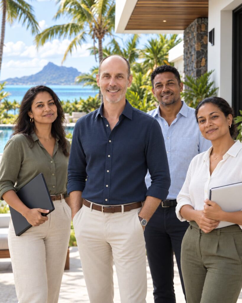 Armin mit seinem Experten Team in Mauritius in einer Besprechung an einer Villa