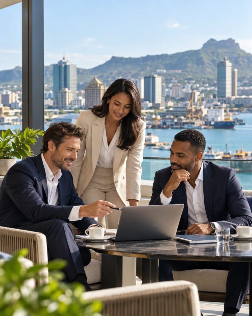 Geschäftsleute bei einer professionellen Bankberatung mit Laptop und Blick auf Port Louis und den Hafen von Mauritius.