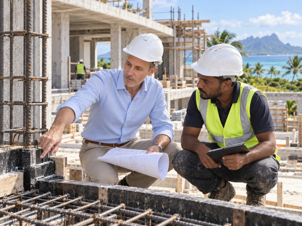 Armin Schreiber bei der Qualitätskontrolle eines Neubaus auf Mauritius mit Stahlbetonkonstruktion und sichtbaren Rohbaudetails