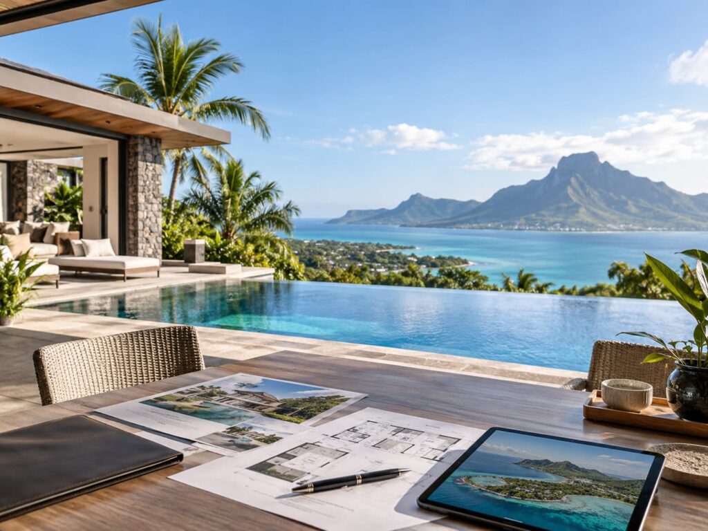 Luxusvilla auf Mauritius mit Infinity-Pool, Meerblick, tropischer Berglandschaft und Immobilienunterlagen auf dem Tisch