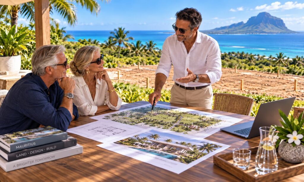 Persönliche Planung eines individuellen Bauprojekts auf Mauritius mit Grundstück, Bauplänen, Meerblick und tropischer Berglandschaft