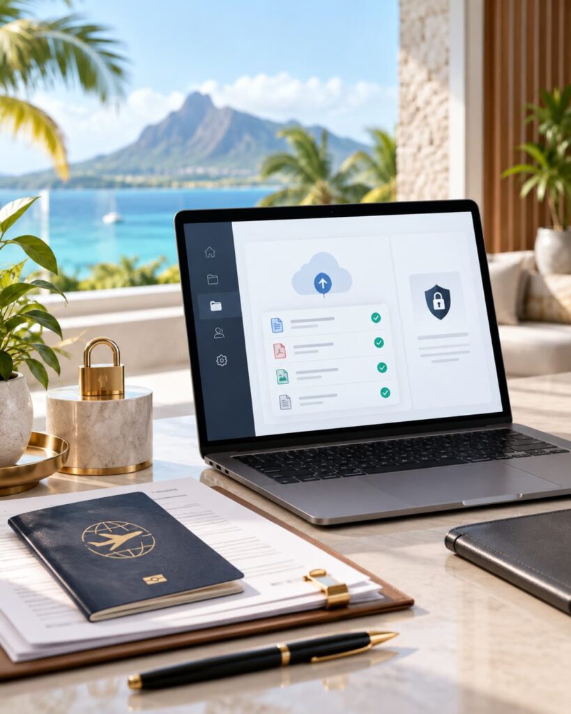 Laptop mit sicherem Kundenportal für Visa- und Permit-Unterlagen auf Mauritius – Ende-zu-Ende verschlüsselte Cloud-Infrastruktur für vertrauliche Dokumente.