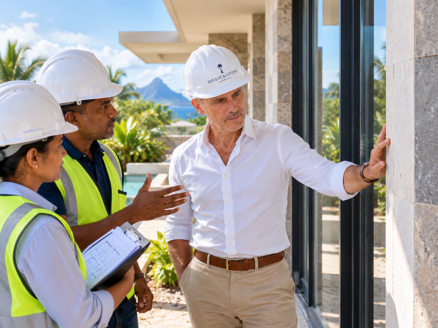 Baustellenbegehung an einer modernen Immobilie auf Mauritius mit Prüfung von Fassade, Fensteranschlüssen und Ausführungsdetails.