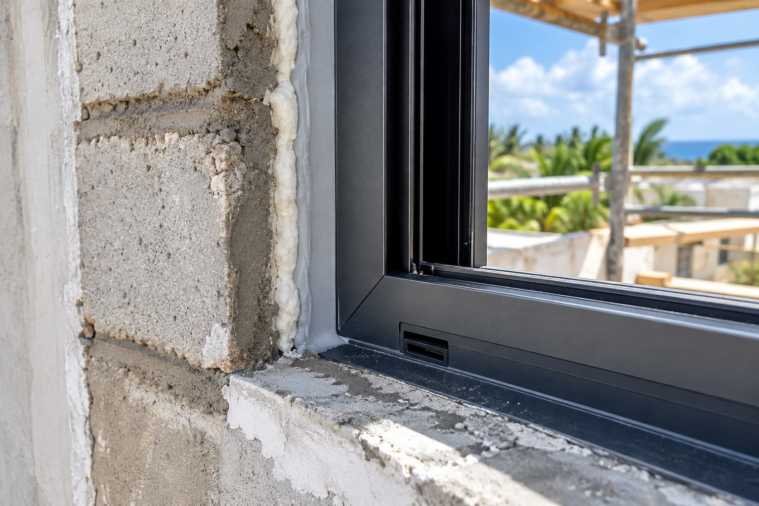 Technischer Anschluss eines Aluminiumfensters an das Mauerwerk einer Neubauimmobilie auf Mauritius während der Bauphase.