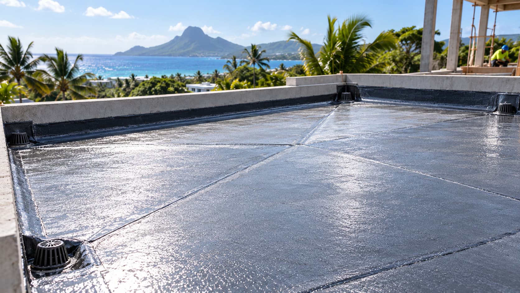 Flachdach eines Neubaus auf Mauritius mit Gefälle und mehreren Entwässerungspunkten