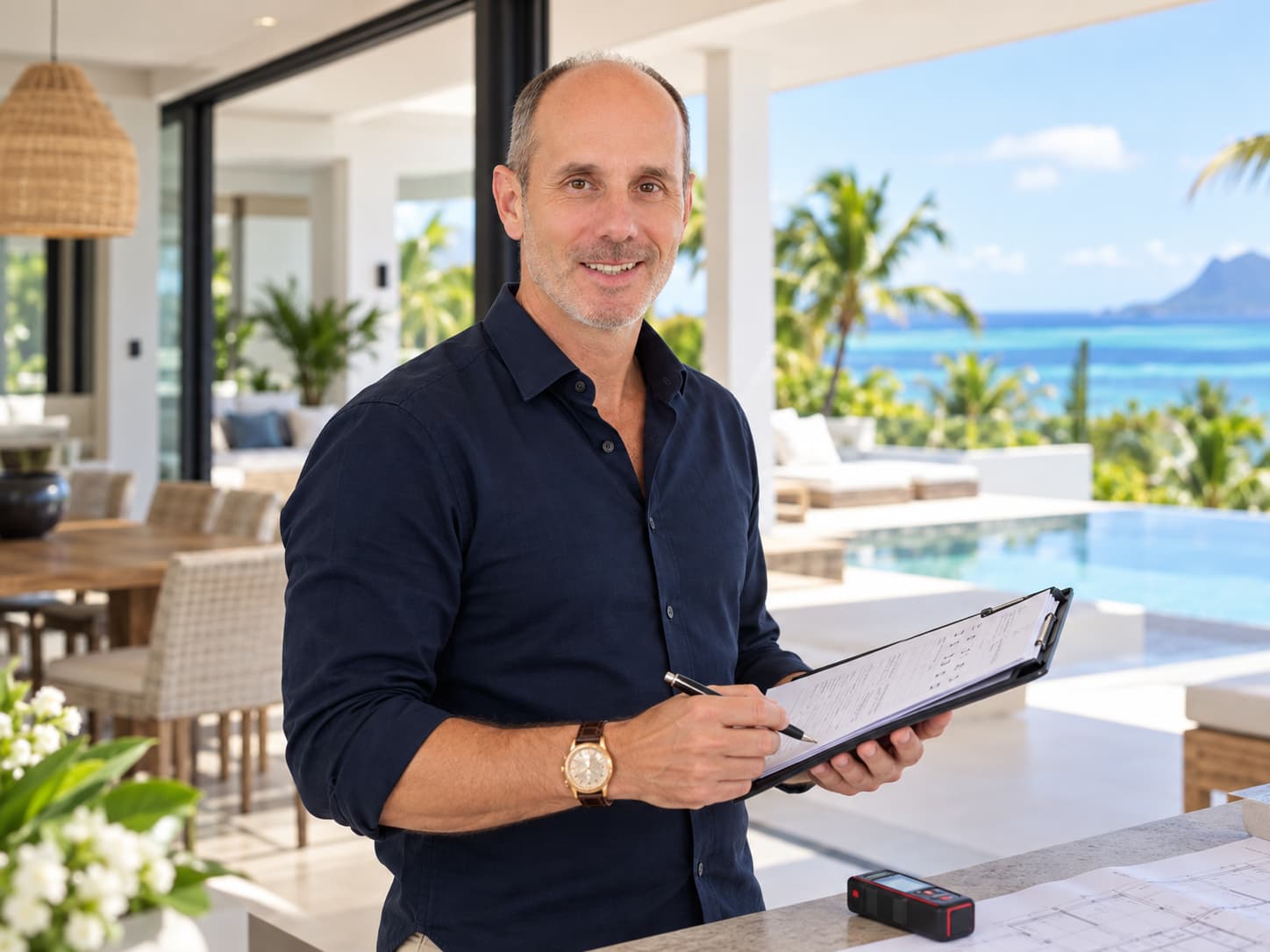 Armin Schreiber bei der Bauabnahme und dem Snagging einer fertiggestellten Neubauimmobilie auf Mauritius.