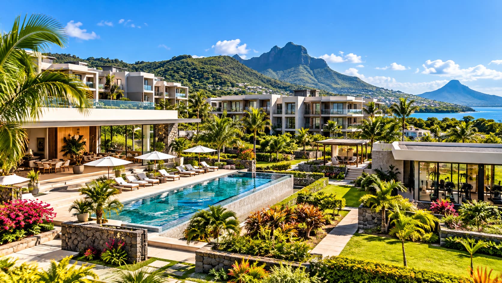 Moderne Neubau-Wohnanlage auf Mauritius mit Gemeinschaftspool, Fitnessbereich, Gartenanlagen und weiteren gemeinschaftlich finanzierten Einrichtungen.