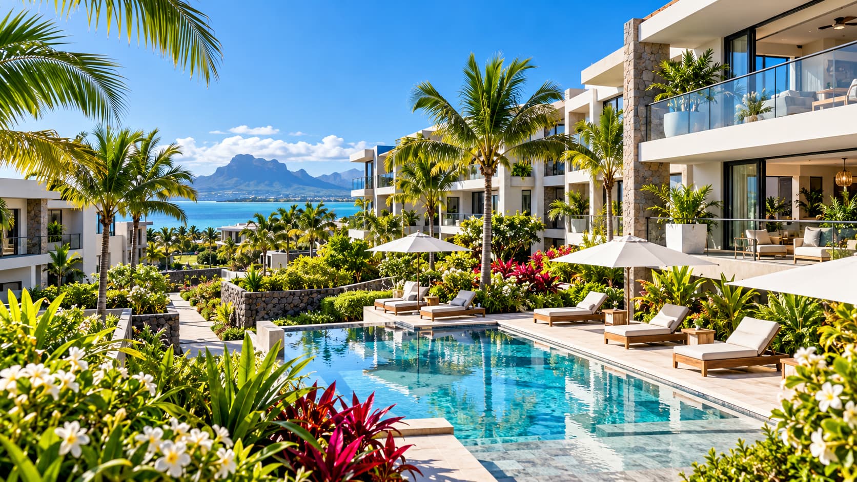 Moderne Apartment- und Wohnanlage auf Mauritius mit Gemeinschaftspool, Gartenanlagen und gemeinschaftlich genutzten Bereichen für Eigentümer.