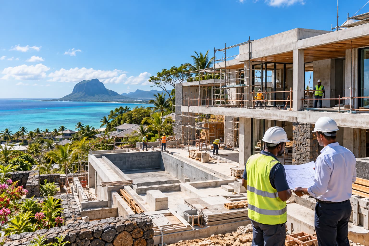 Reguliertes Neubauprojekt auf Mauritius während der Bauphase als Beispiel für einen VEFA-Kauf mit Fertigstellungsgarantie.
