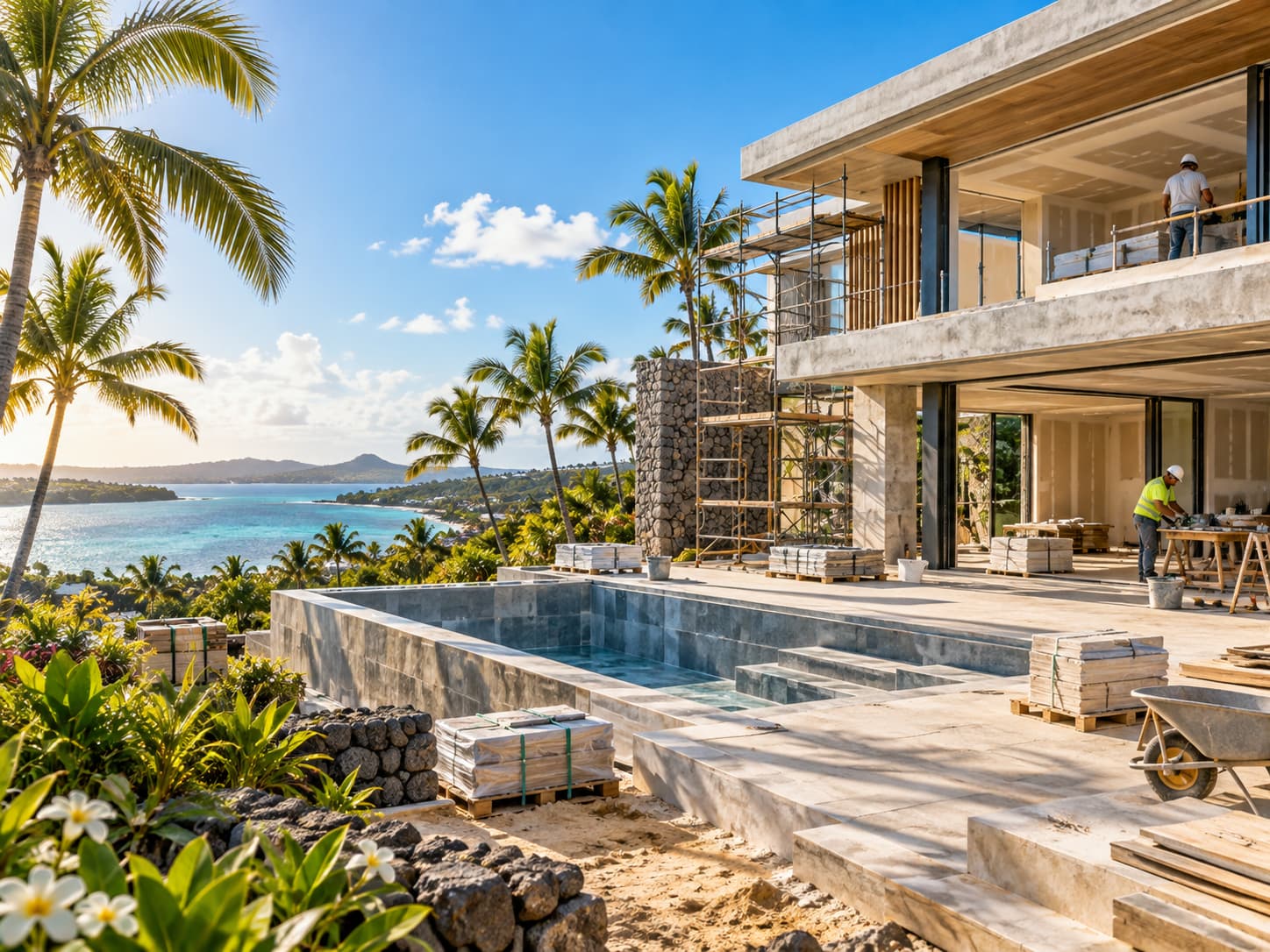 Neubauprojekt auf Mauritius während des Baufortschritts bei einem VEFA- und Off-Plan-Kauf.