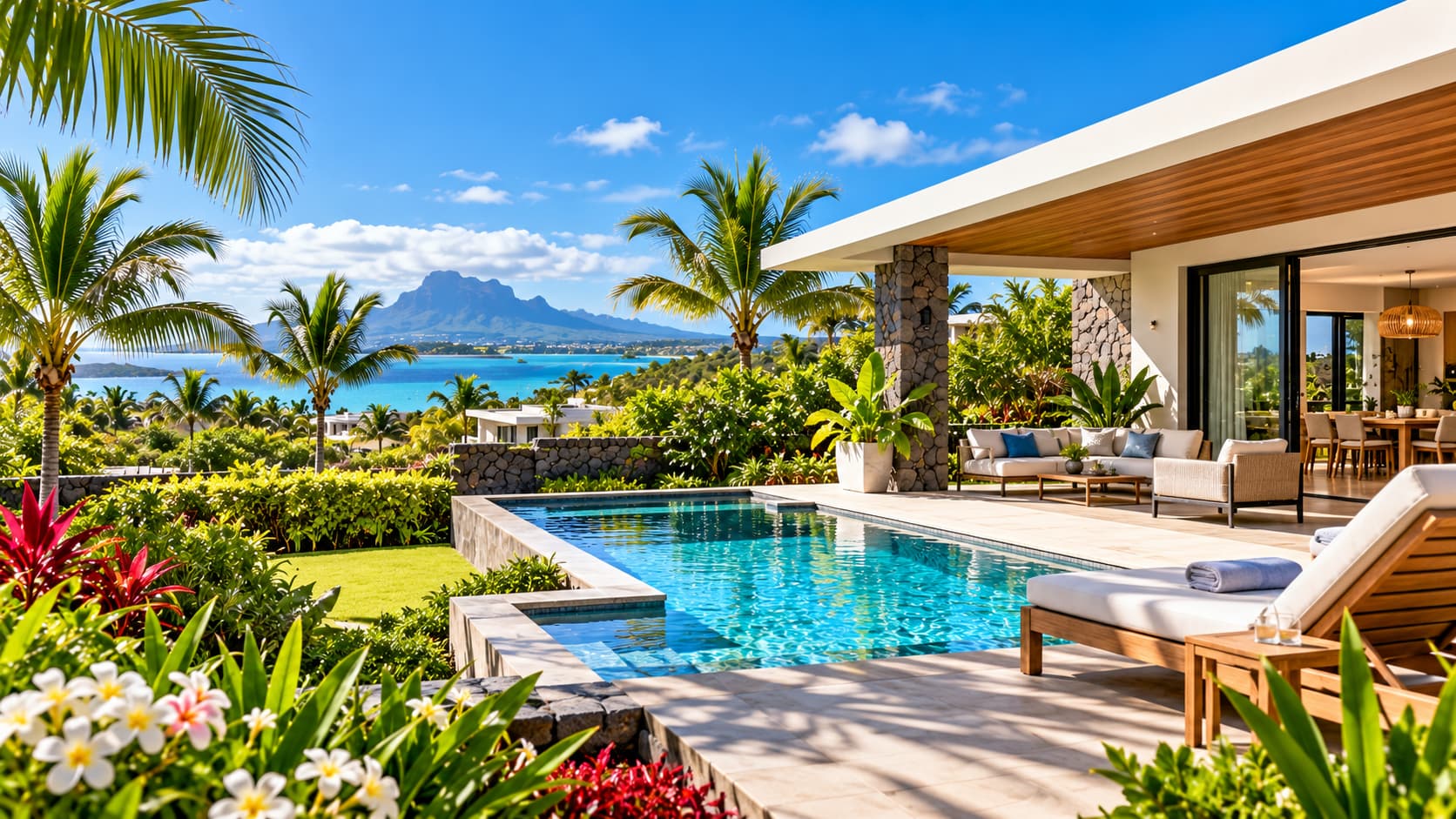 Moderne Villa auf Mauritius mit privatem Pool und tropischem Garten als Beispiel für laufende Kosten wie Poolpflege, Gartenservice und Instandhaltung.