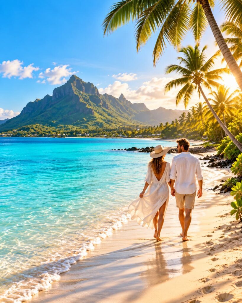 Paar bei einem Spaziergang an einem tropischen Strand auf Mauritius mit türkisfarbenem Meer, Palmen und Bergen im Hintergrund