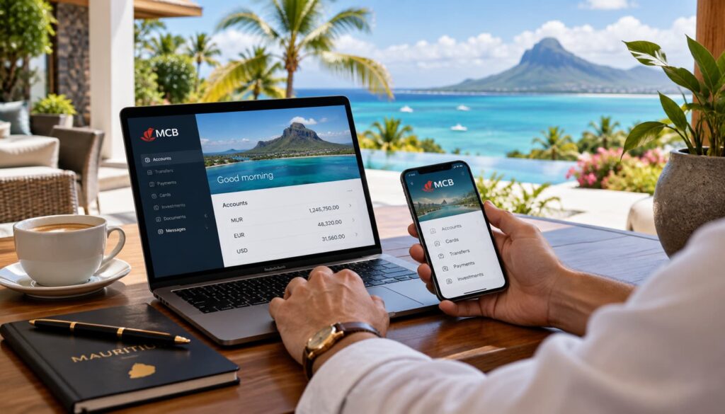 Laptop und Smartphone mit Online-Banking auf einer Terrasse auf Mauritius mit Meerblick – Symbol für Bankkonto und digitale Finanzorganisation auf Mauritius.
