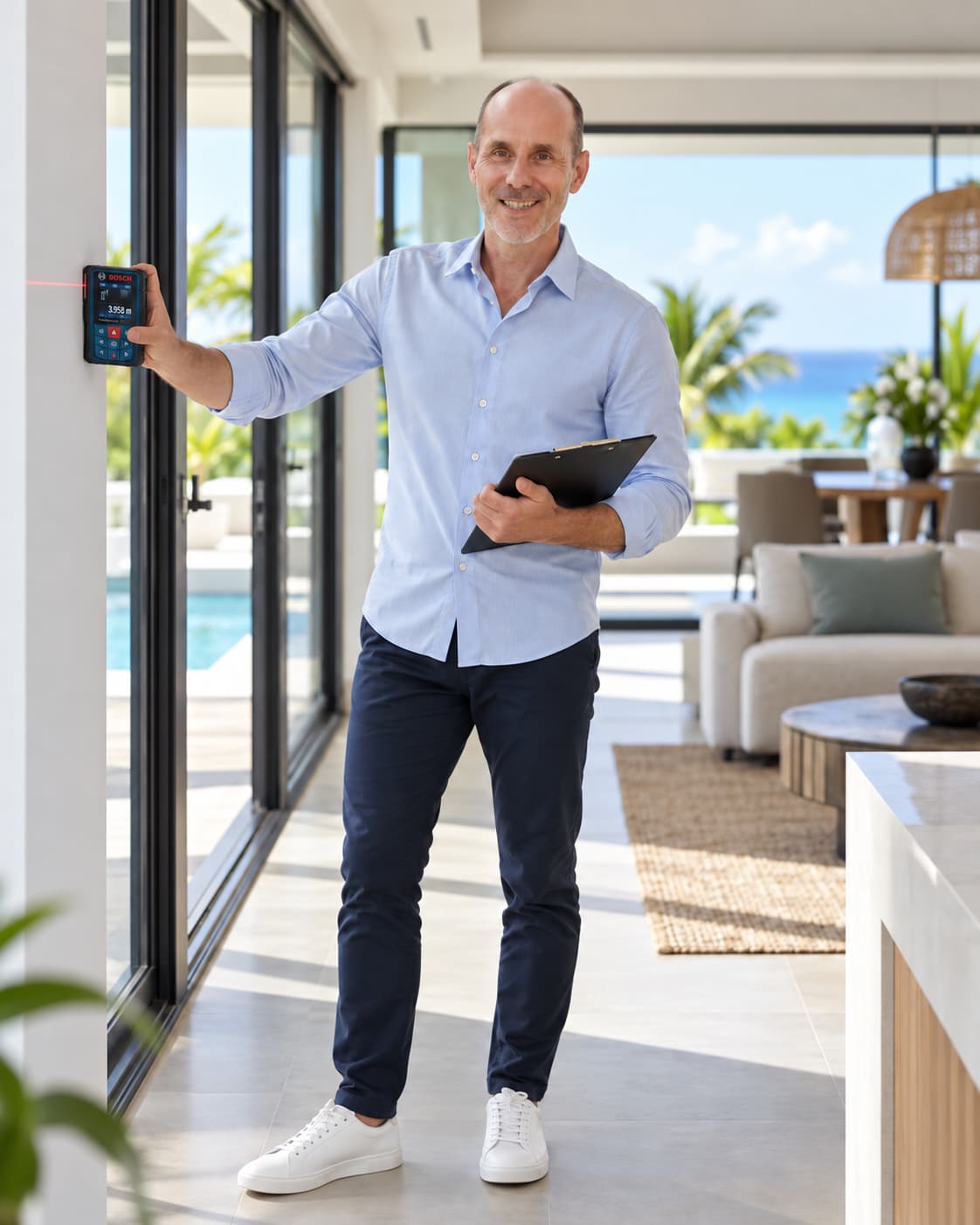 Armin Schreiber prüft bei der finalen Bauabnahme einer Immobilie auf Mauritius mit einem Bosch Professional Laser-Messgerät Maße und Abstände.