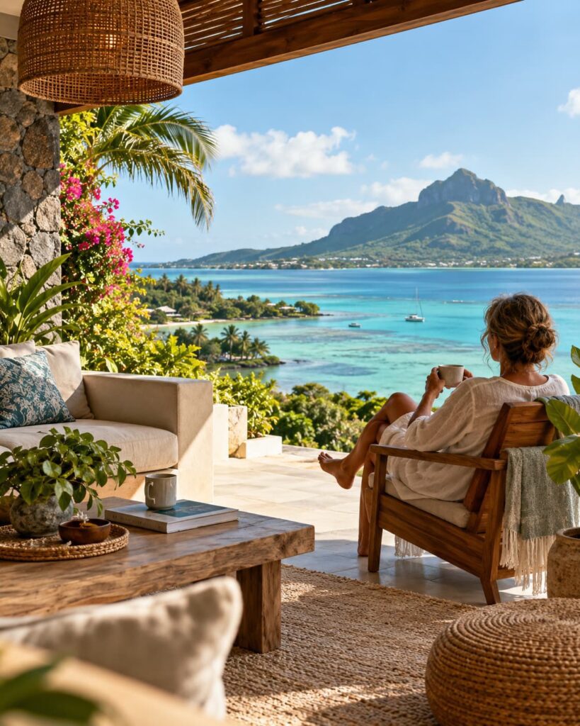 Frau auf einer offenen Veranda mit Blick auf die türkisfarbene Lagune, tropische Natur und Berge auf Mauritius
